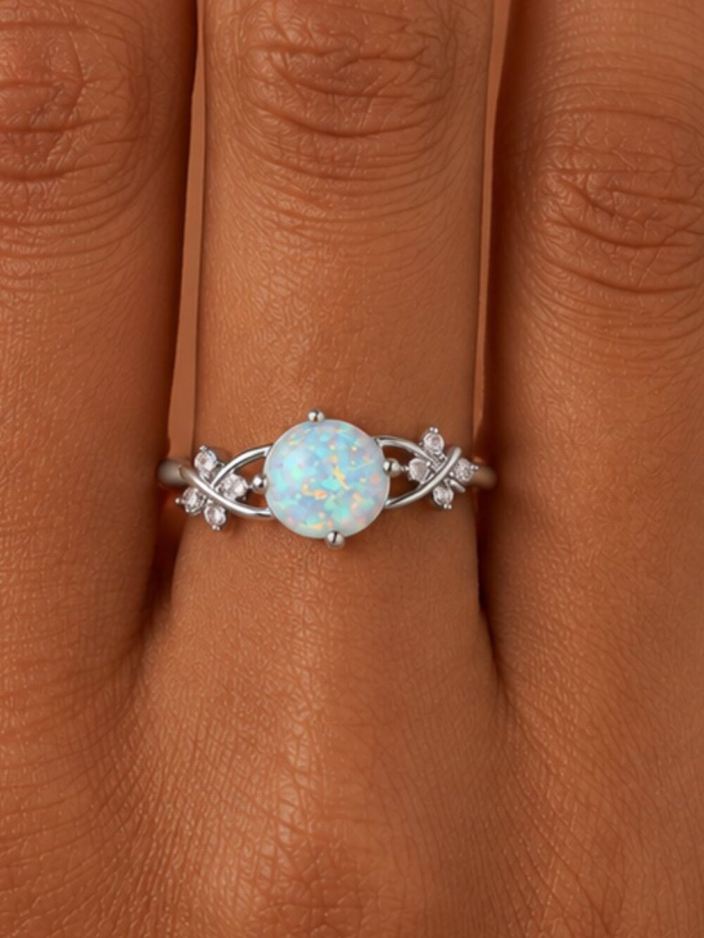 NEW 14k White Gold Round White Opal Diamond Ring Band - Picture 1 of 6